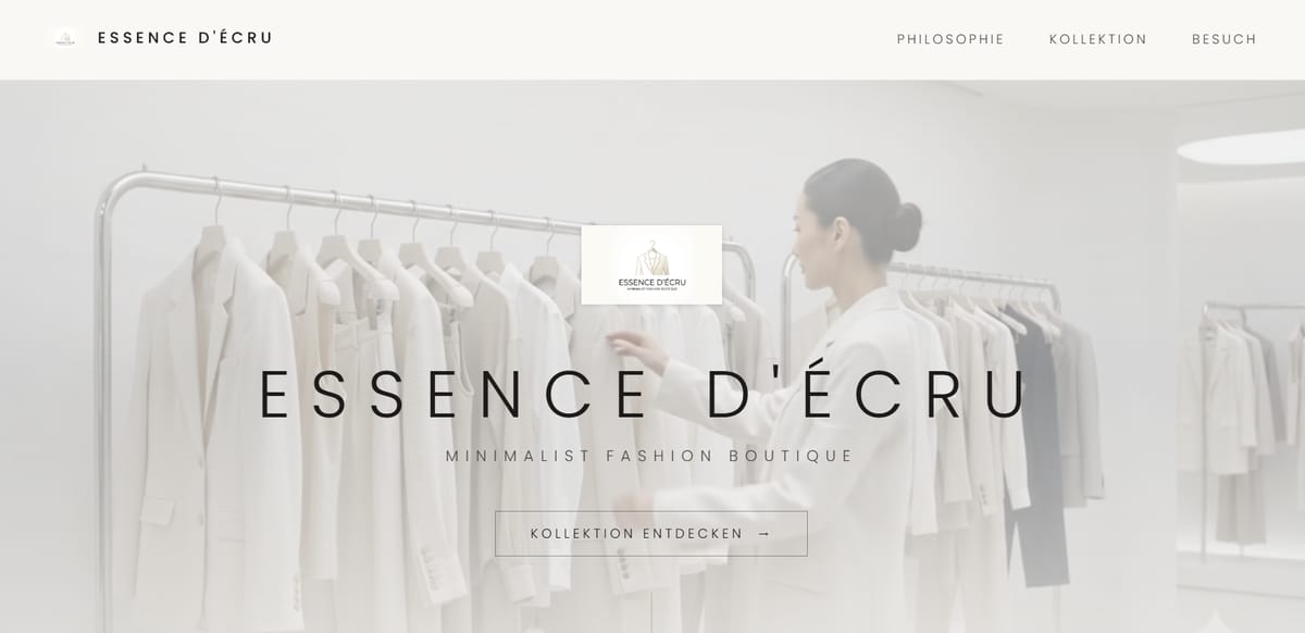 Startseite der Boutique Essence d'Écru: helle, minimalistische Gestaltung mit Kleiderstangen in Cremetönen und feiner Typografie