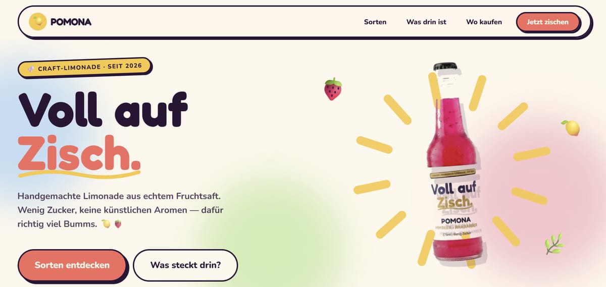 Startseite von Pomona Craft-Limonade: verspielte Headline „Voll auf Zisch.“ neben einer pinken Limonadenflasche mit gelben Strahlen
